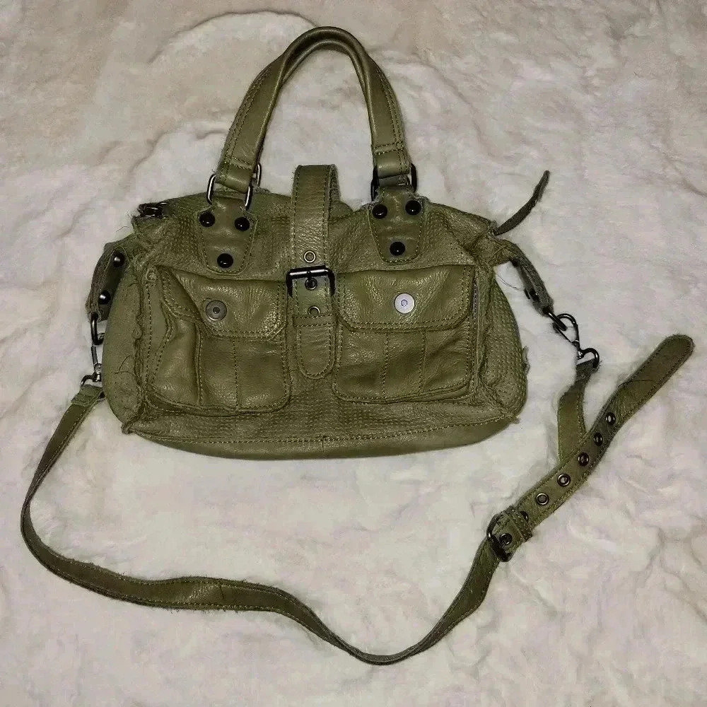 Linea Pelle Collection Italian Genuine Leather Handbag Satchel Olive Gre…